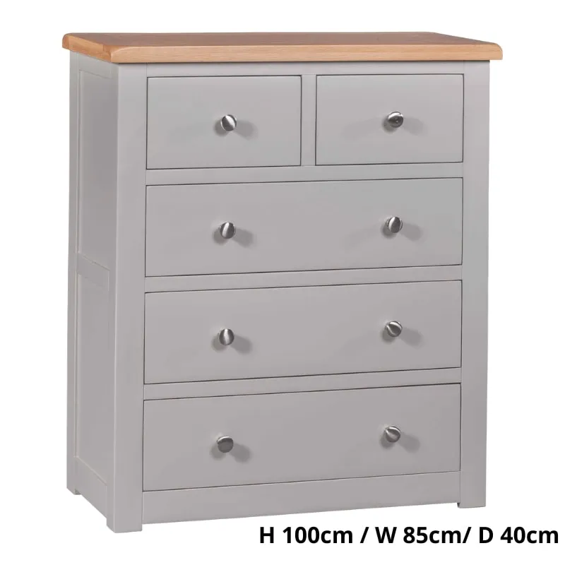 Grey Painted 2 Over 3 Chest of Drawers w/ Lacquered Oak Top