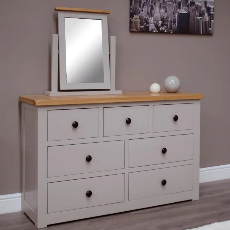 Grey Painted 7 Drawer Chest w/ Lacquered Oak Top