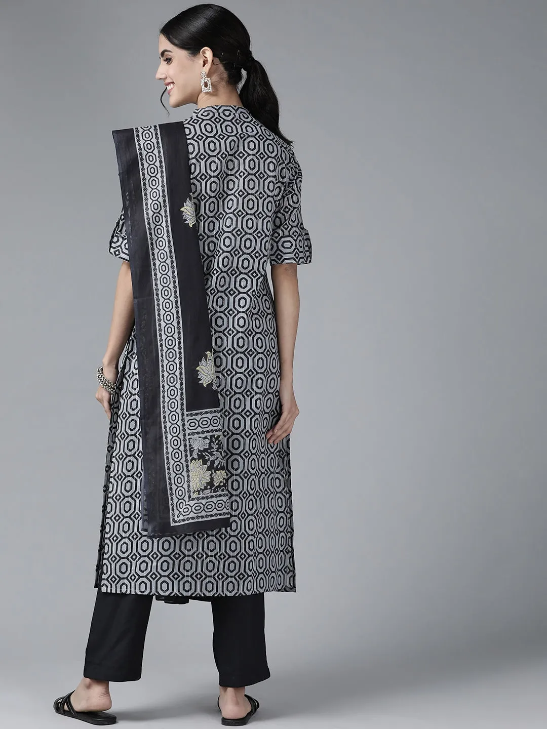 Grey Printed Lurex Cotton Dupatta Set