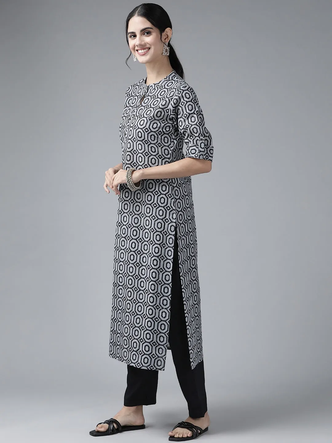 Grey Printed Lurex Cotton Dupatta Set