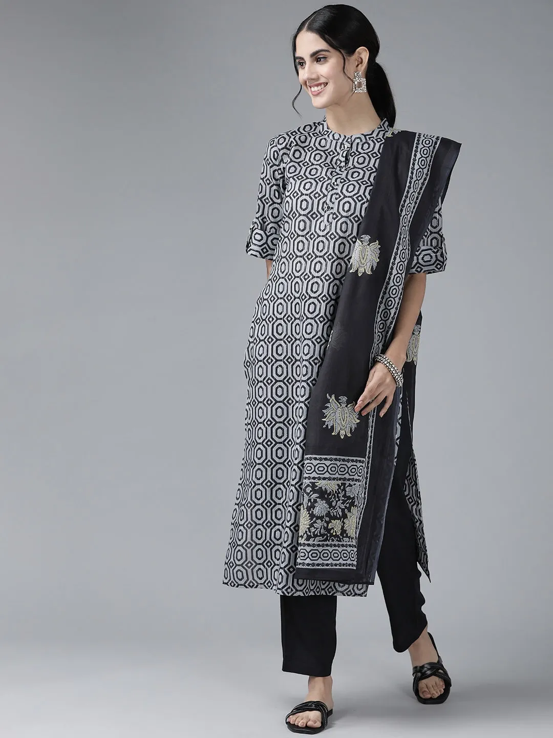 Grey Printed Lurex Cotton Dupatta Set