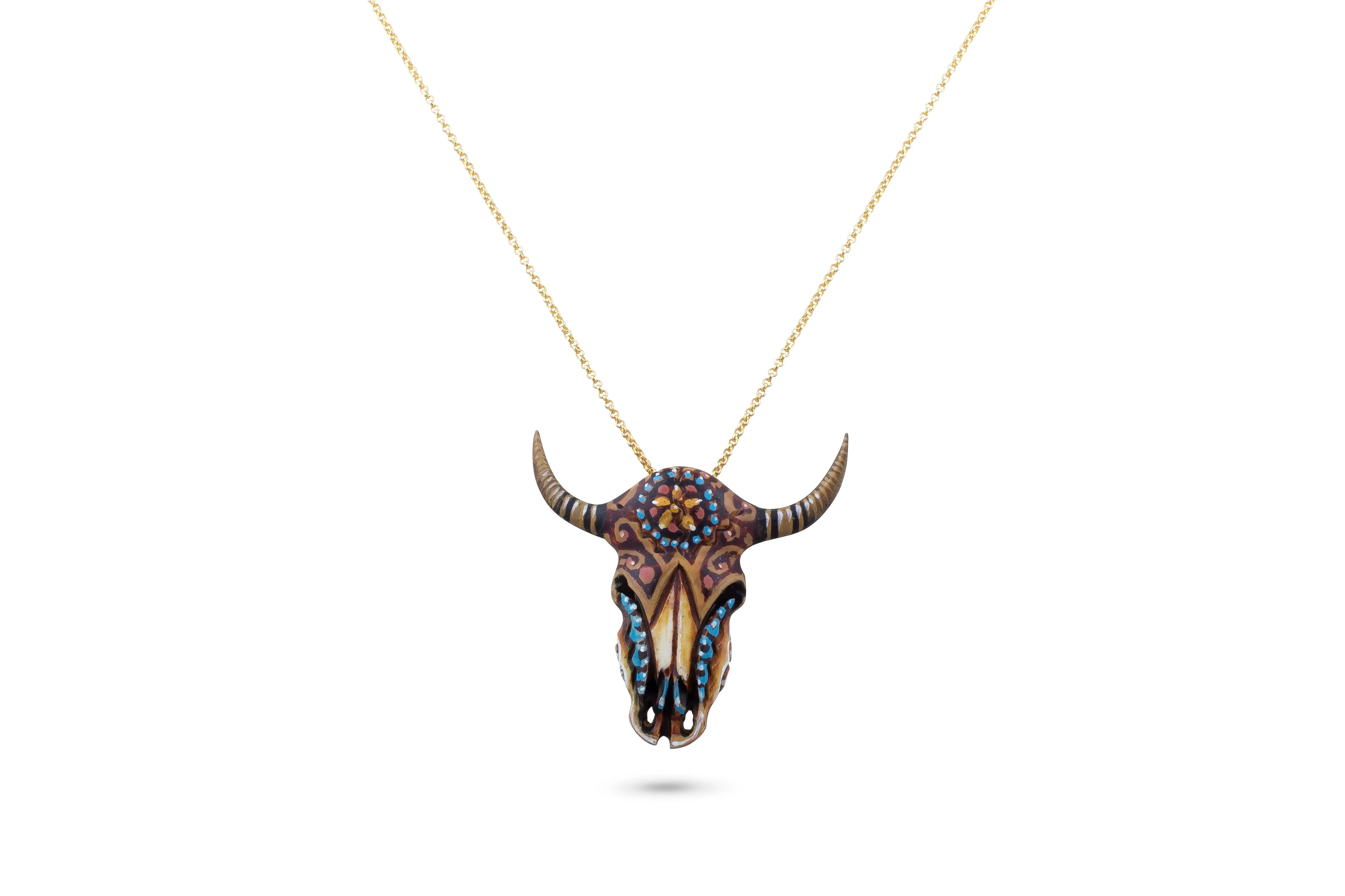 Hand Carved & Painted Steer Skull Pendant - Navajo Rain God