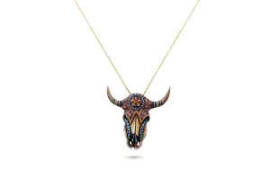 Hand Carved & Painted Steer Skull Pendant - Navajo Rain God