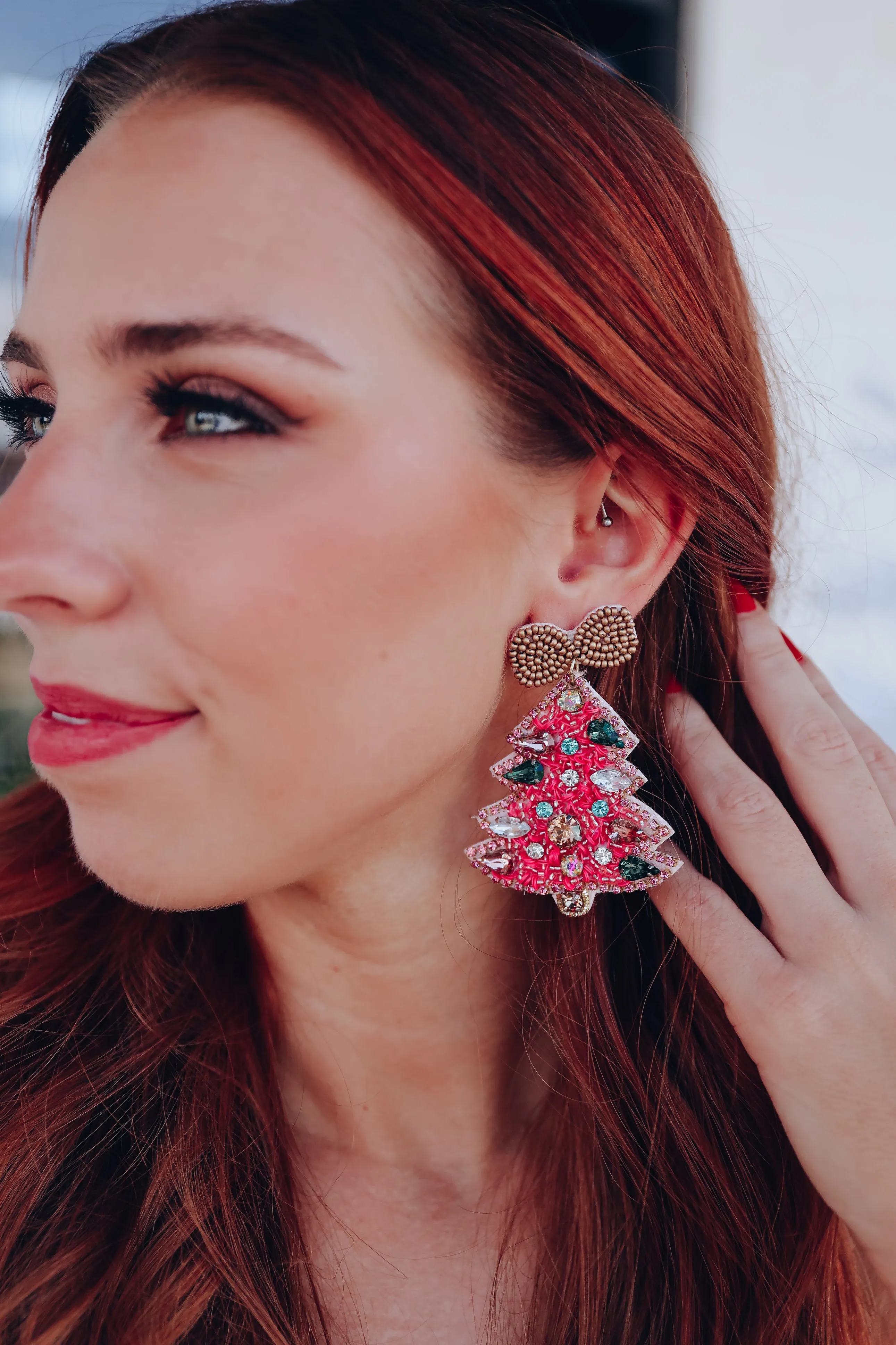 Hot Pink Christmas Tree Beaded Earrings - Hot Pink