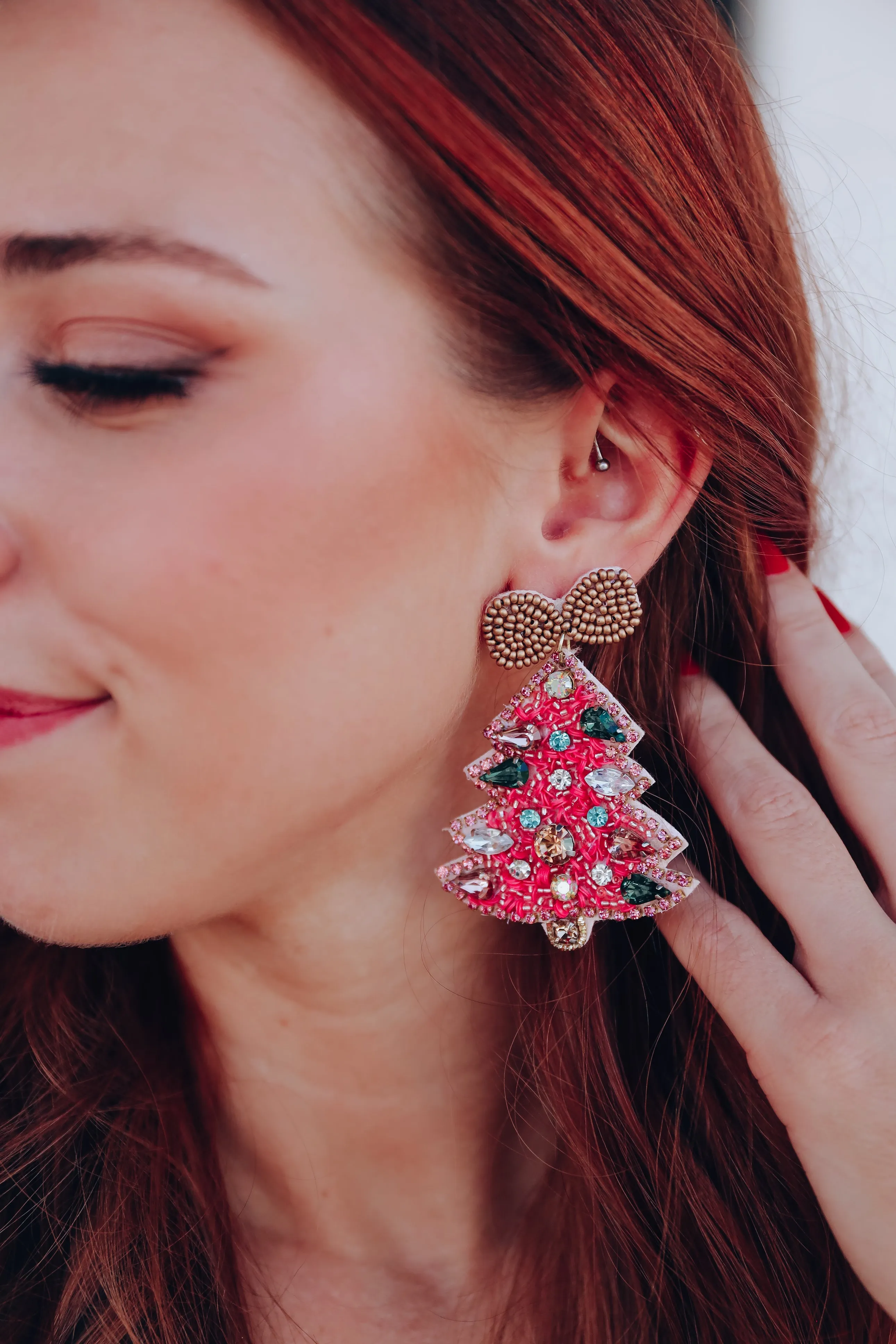 Hot Pink Christmas Tree Beaded Earrings - Hot Pink
