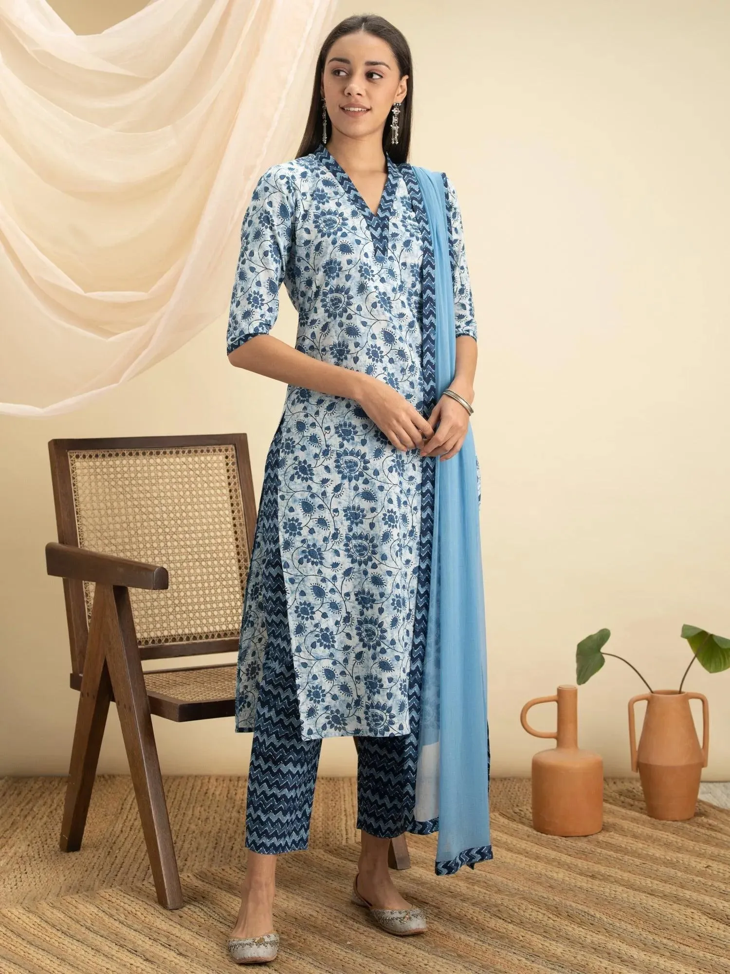 Indigo Printed Cotton Straight Kurta With Dupatta