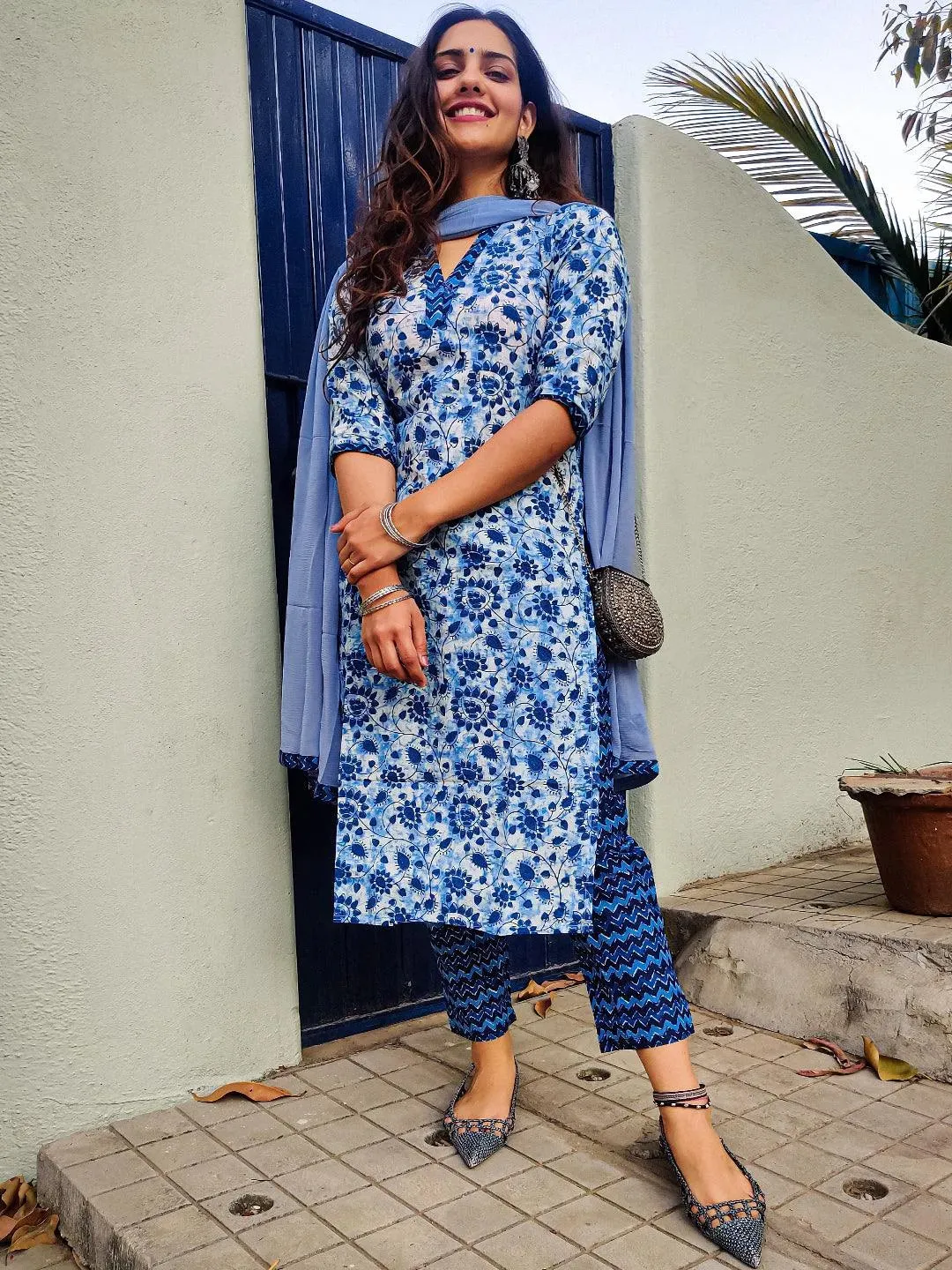 Indigo Printed Cotton Straight Kurta With Dupatta