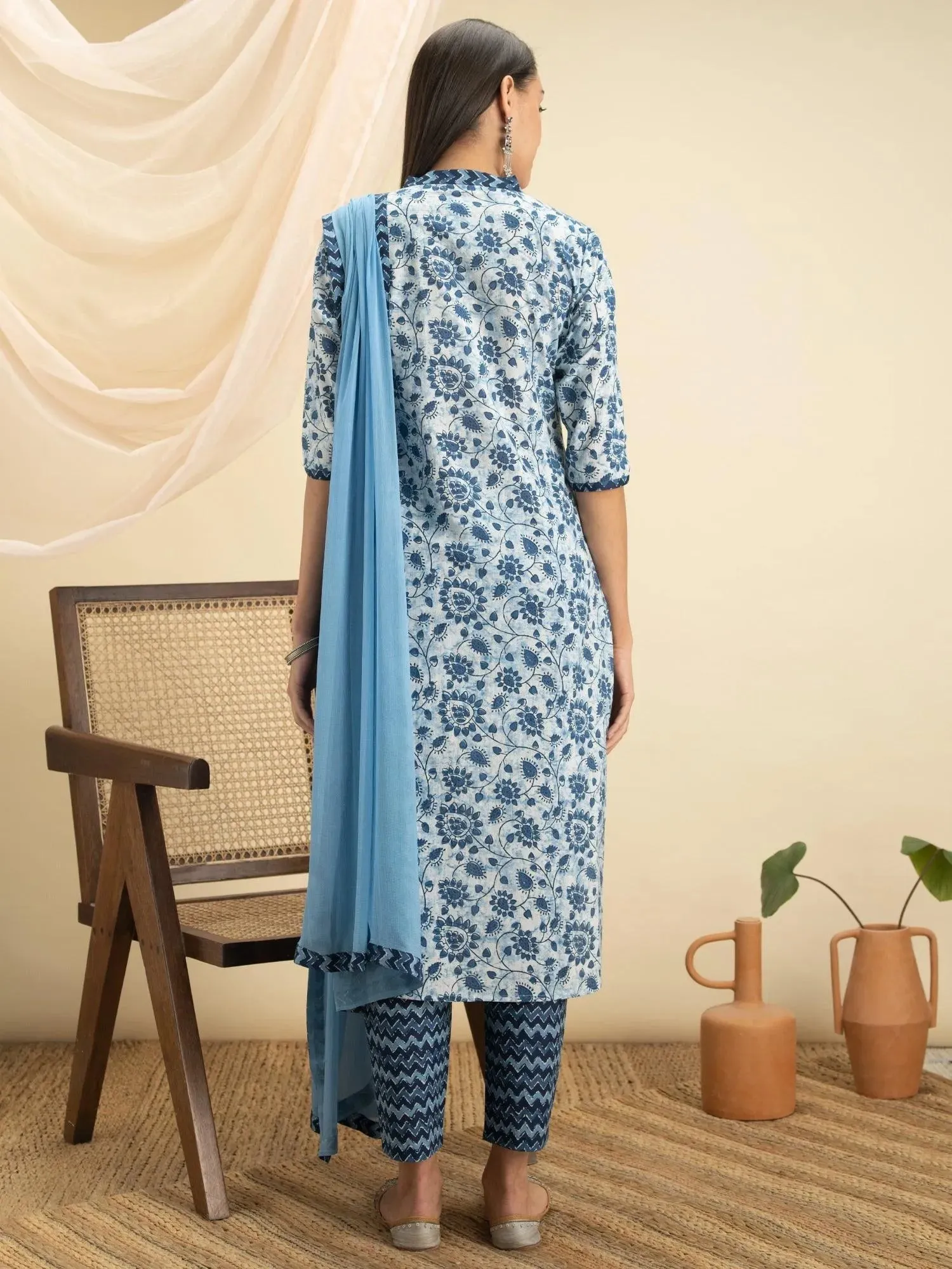 Indigo Printed Cotton Straight Kurta With Dupatta