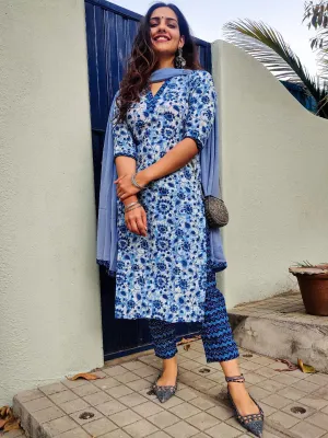 Indigo Printed Cotton Straight Kurta With Dupatta