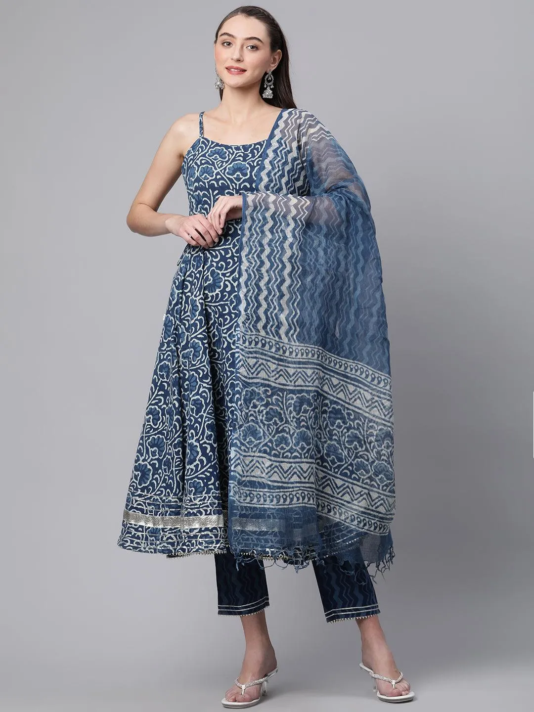 Jashvi Indigo Hand Block Printed Anarkali Kurta Pant Set with Dupatta