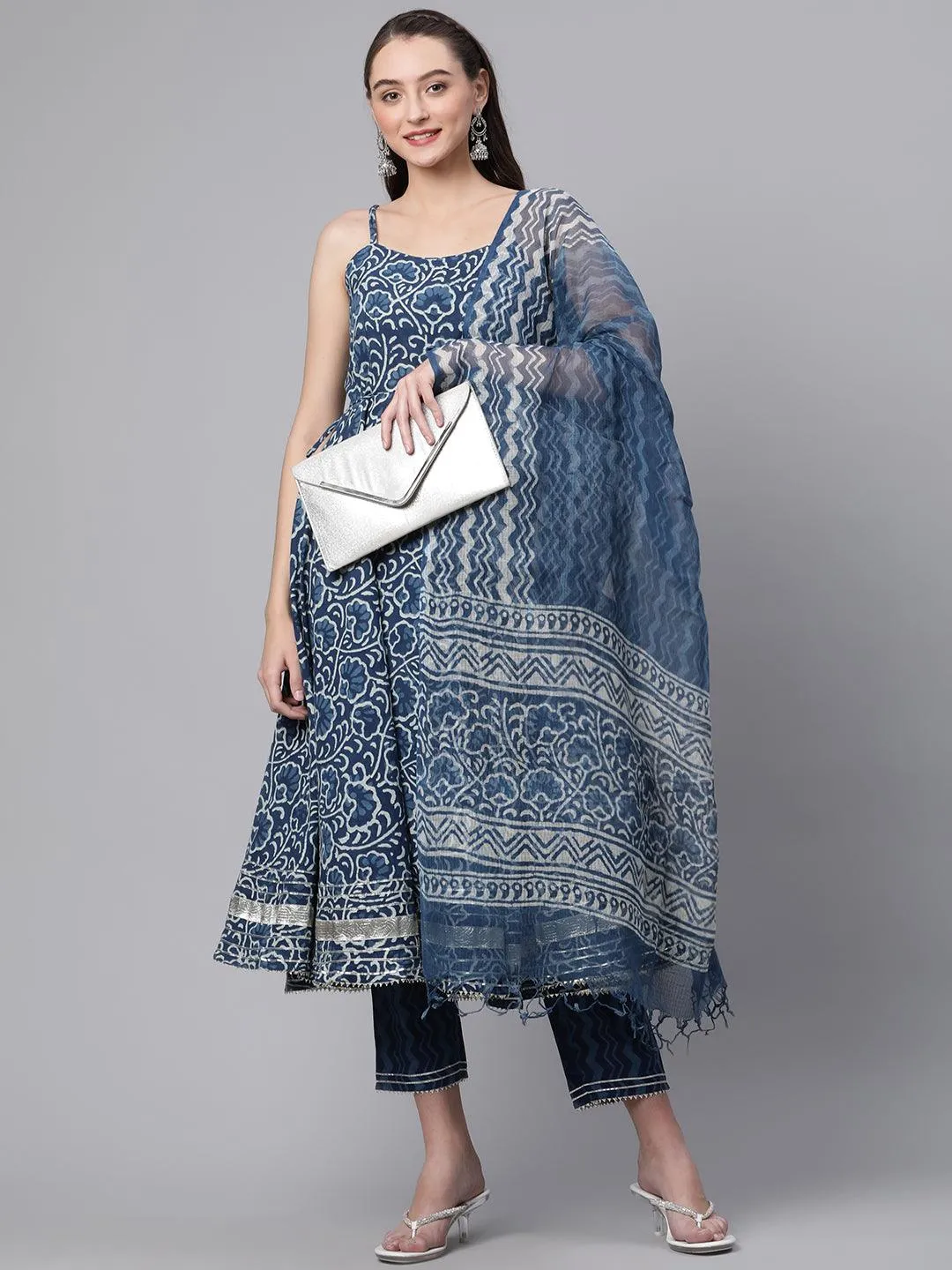 Jashvi Indigo Hand Block Printed Anarkali Kurta Pant Set with Dupatta
