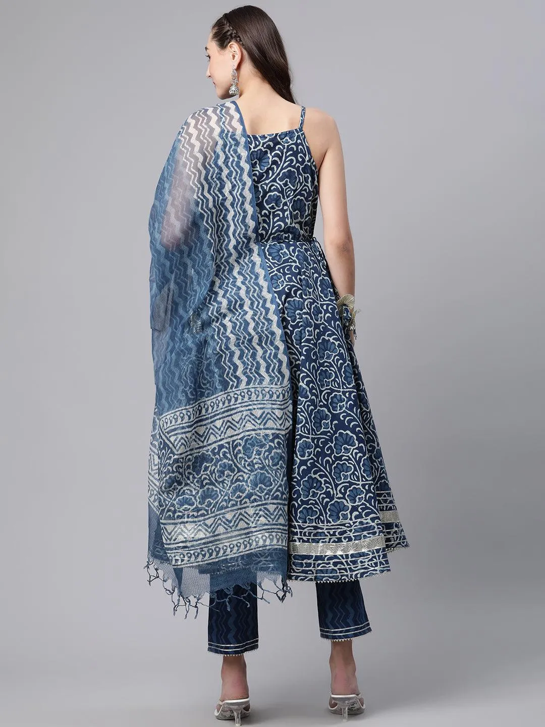 Jashvi Indigo Hand Block Printed Anarkali Kurta Pant Set with Dupatta