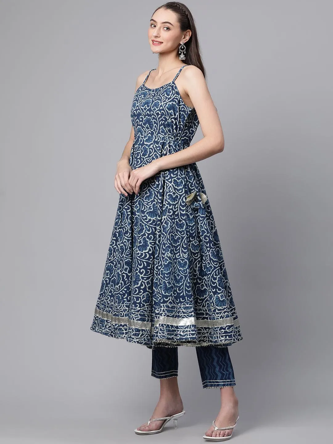 Jashvi Indigo Hand Block Printed Anarkali Kurta Pant Set with Dupatta