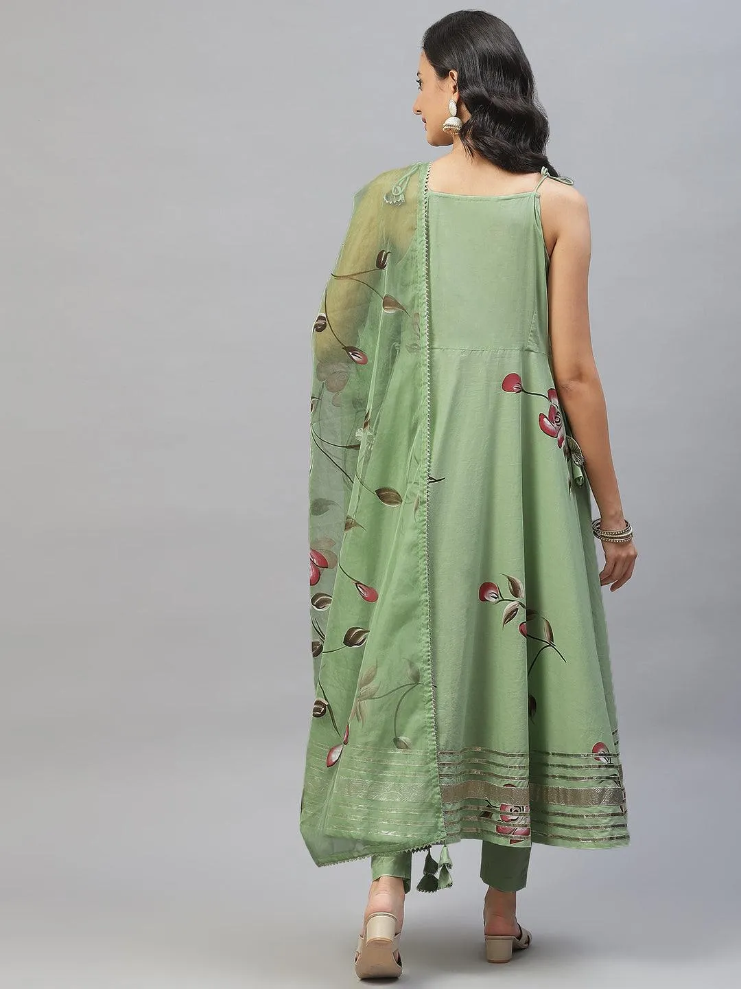 Jashvi Light Green Hand Painted Floral Anarkali Kurta Pant Set with Dupatta