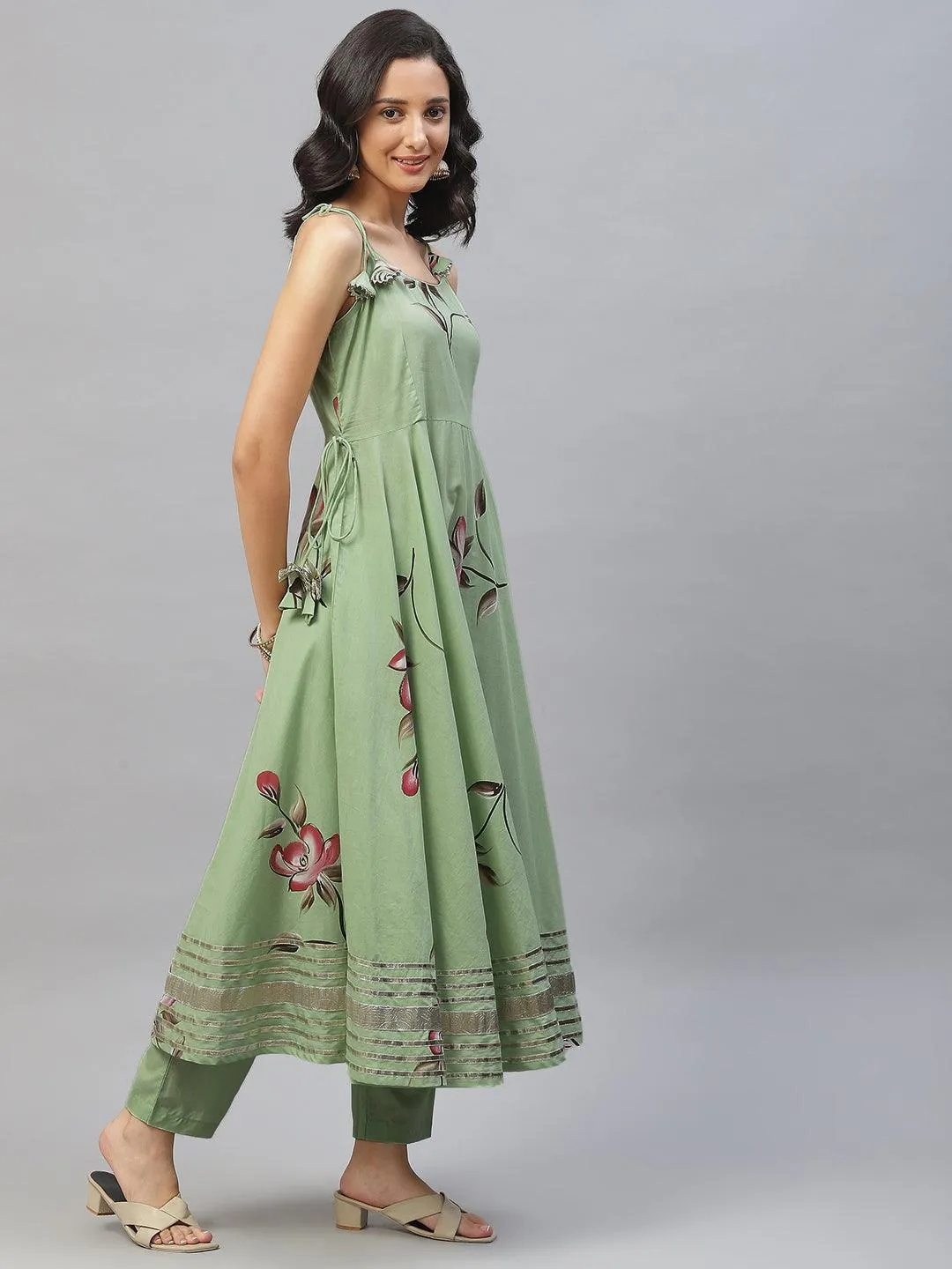 Jashvi Light Green Hand Painted Floral Anarkali Kurta Pant Set with Dupatta