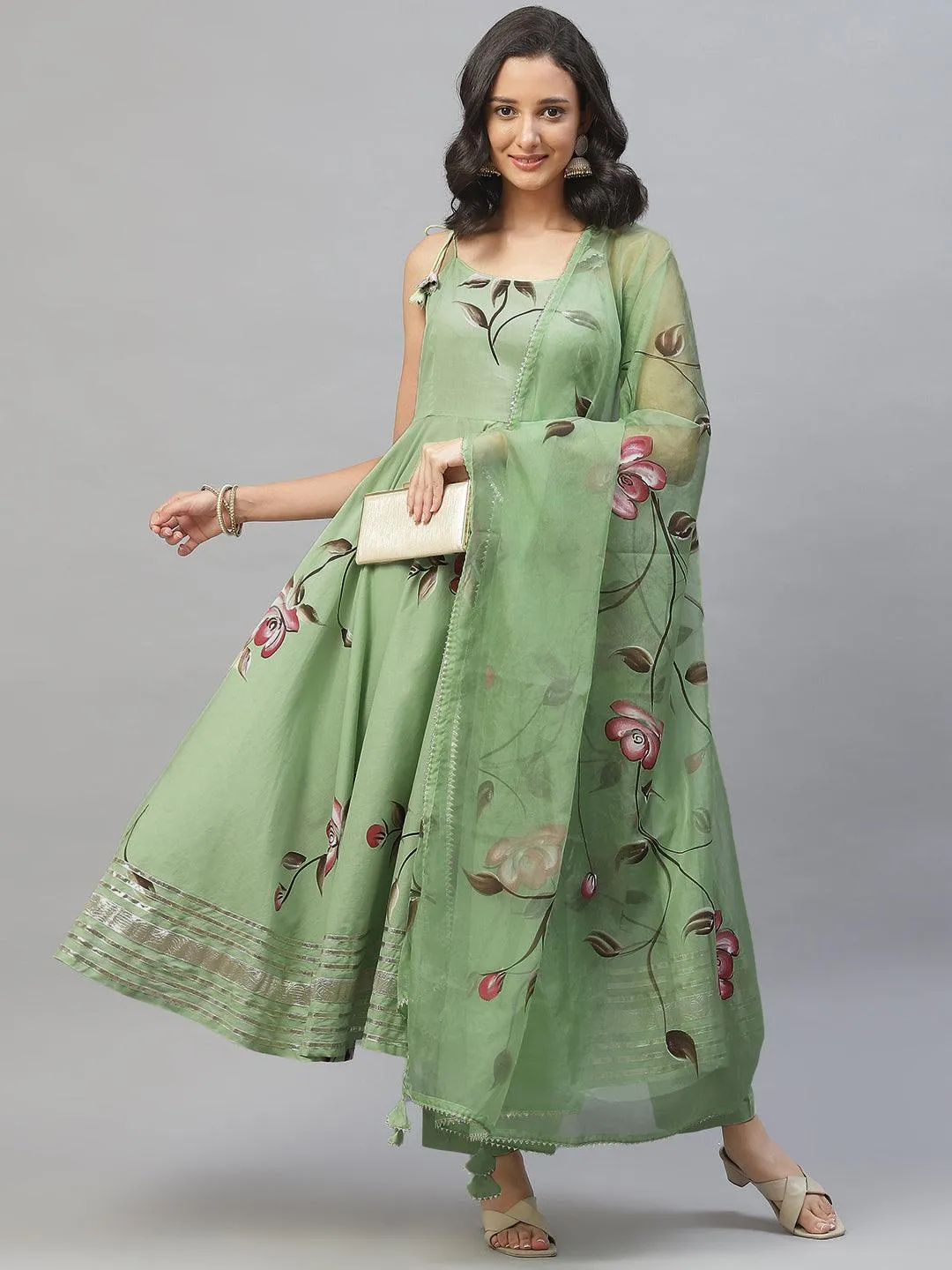 Jashvi Light Green Hand Painted Floral Anarkali Kurta Pant Set with Dupatta
