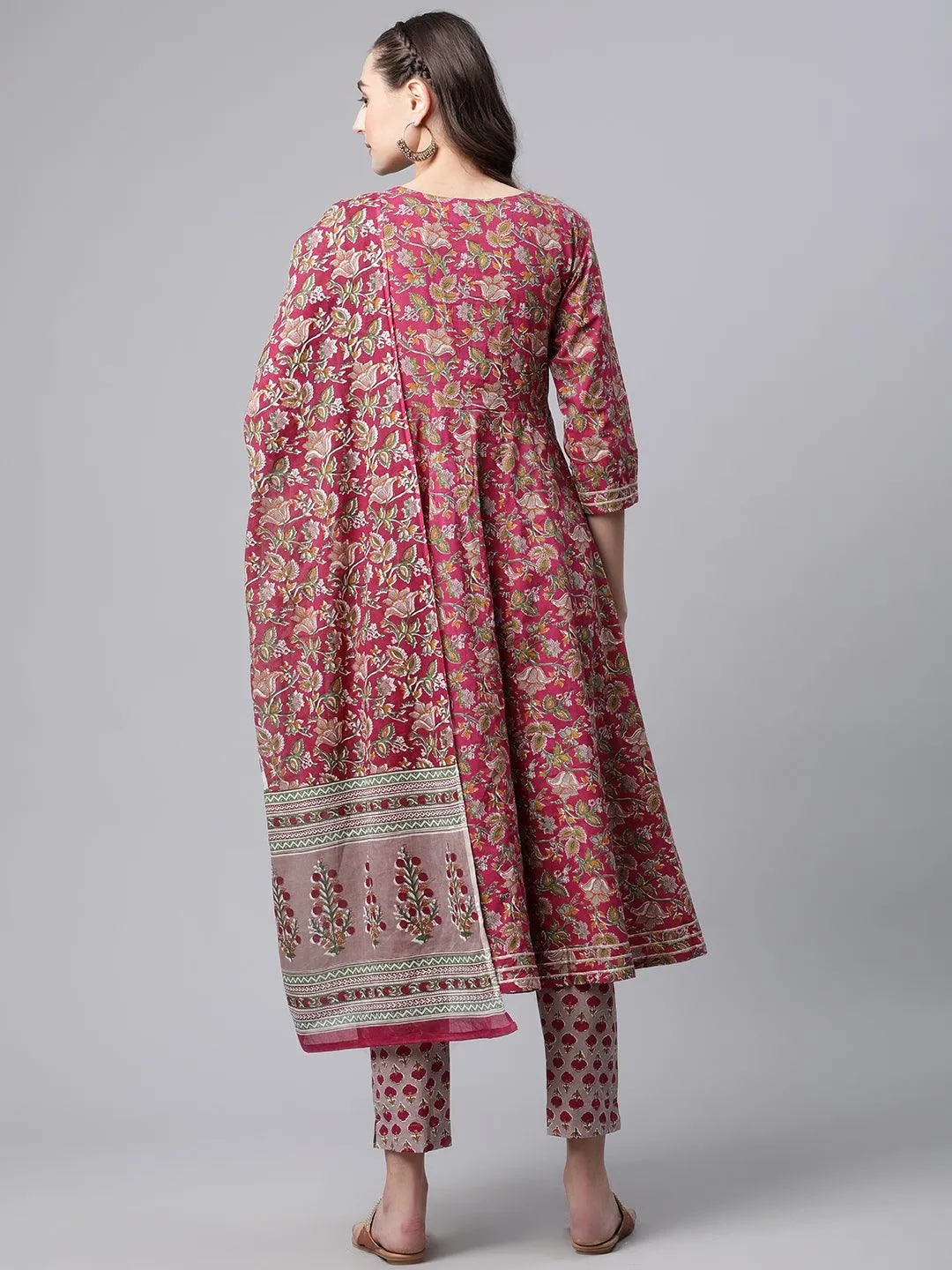 Jashvi Purple Cotton Anarkali Kurta Pant Set with Dupatta