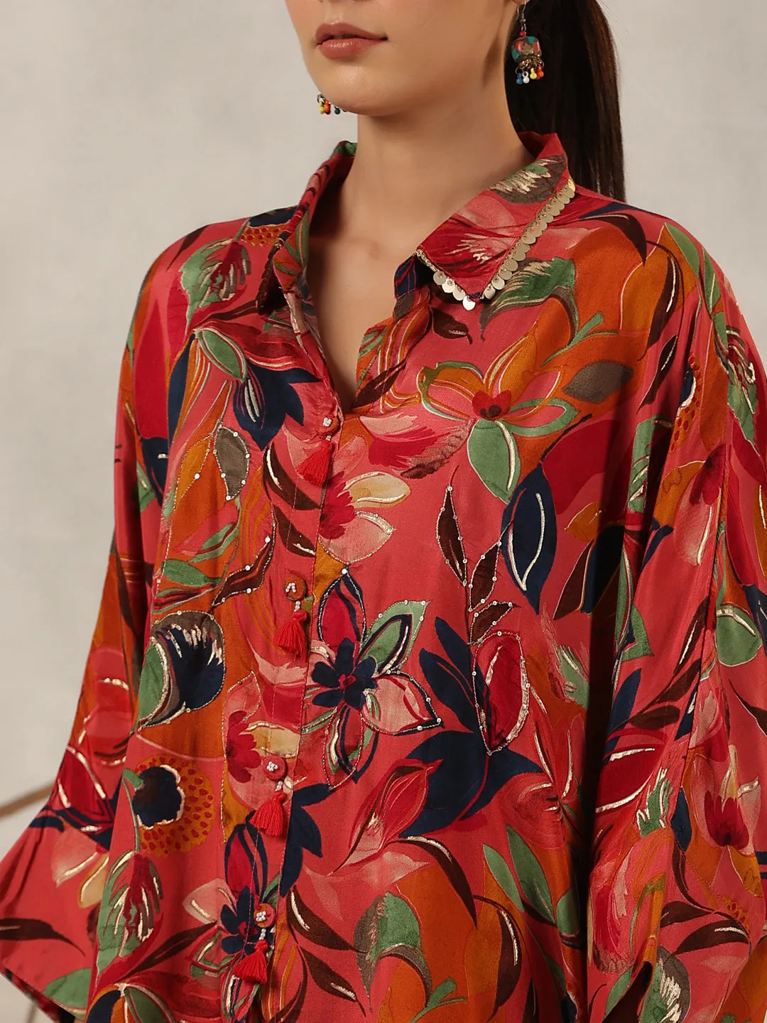 Jashvi Rust Floral Printed Muslin Tunic & Pants With Sequins work