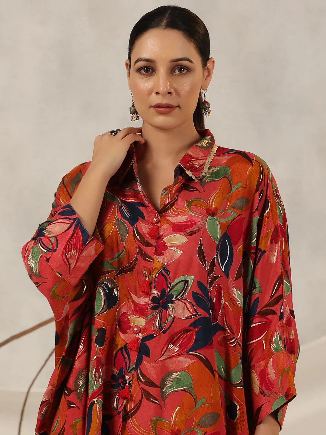 Jashvi Rust Floral Printed Muslin Tunic & Pants With Sequins work