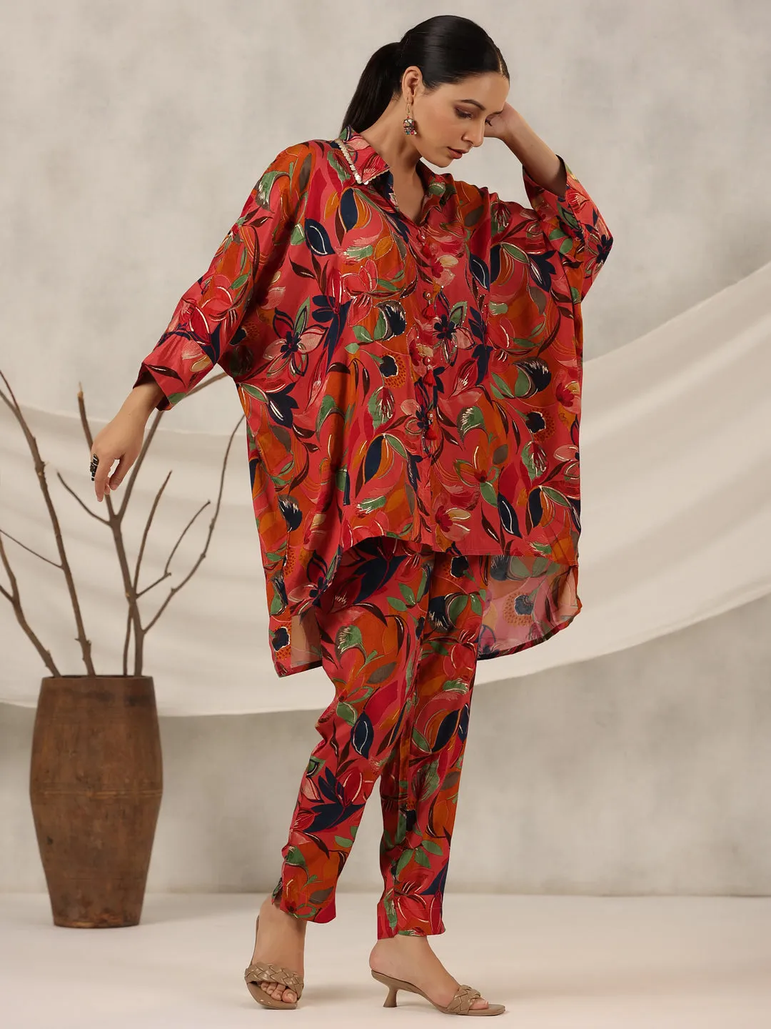 Jashvi Rust Floral Printed Muslin Tunic & Pants With Sequins work