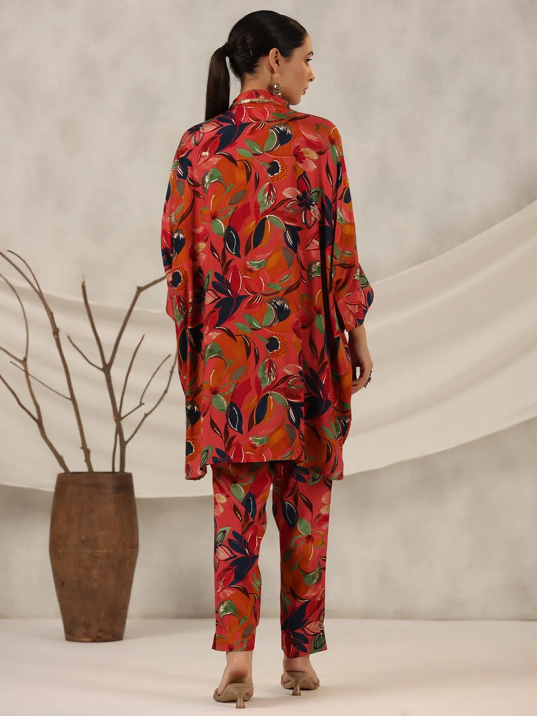 Jashvi Rust Floral Printed Muslin Tunic & Pants With Sequins work