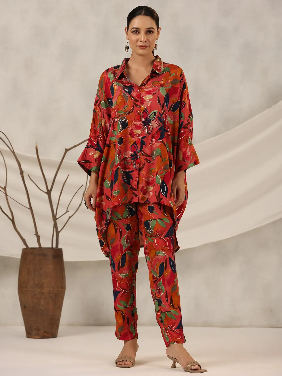 Jashvi Rust Floral Printed Muslin Tunic & Pants With Sequins work
