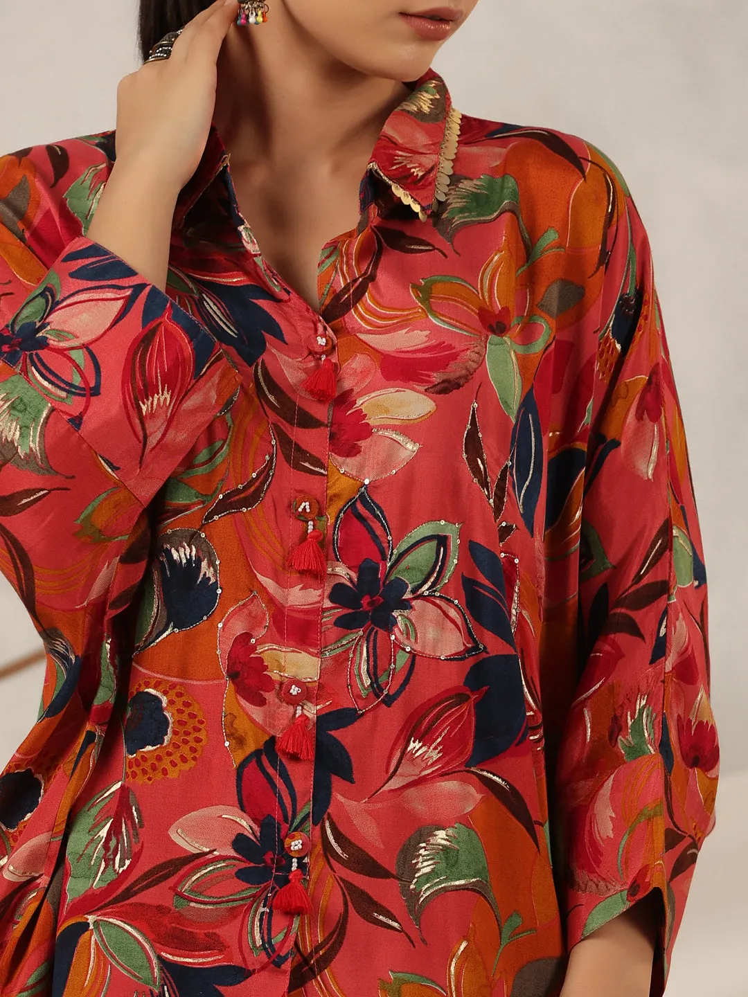 Jashvi Rust Floral Printed Muslin Tunic & Pants With Sequins work