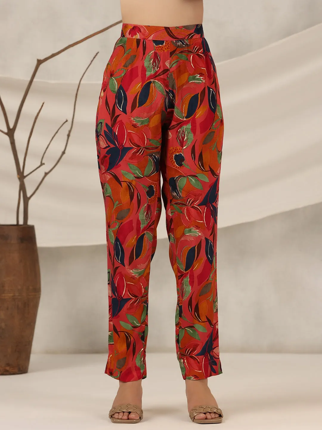 Jashvi Rust Floral Printed Muslin Tunic & Pants With Sequins work