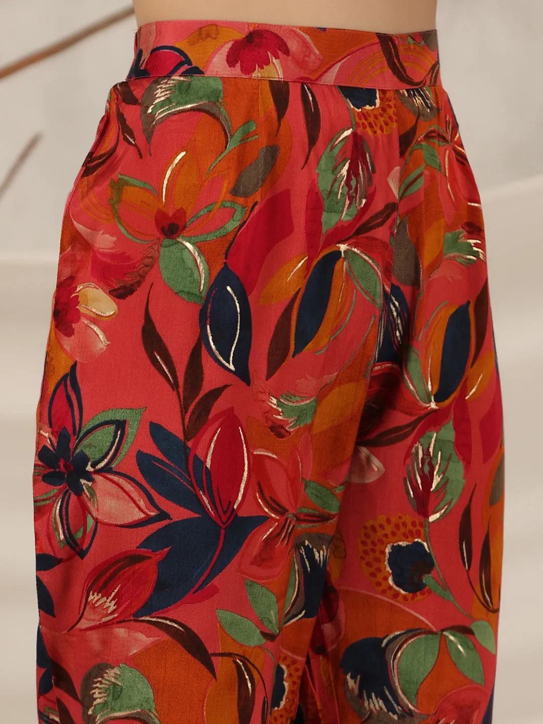 Jashvi Rust Floral Printed Muslin Tunic & Pants With Sequins work