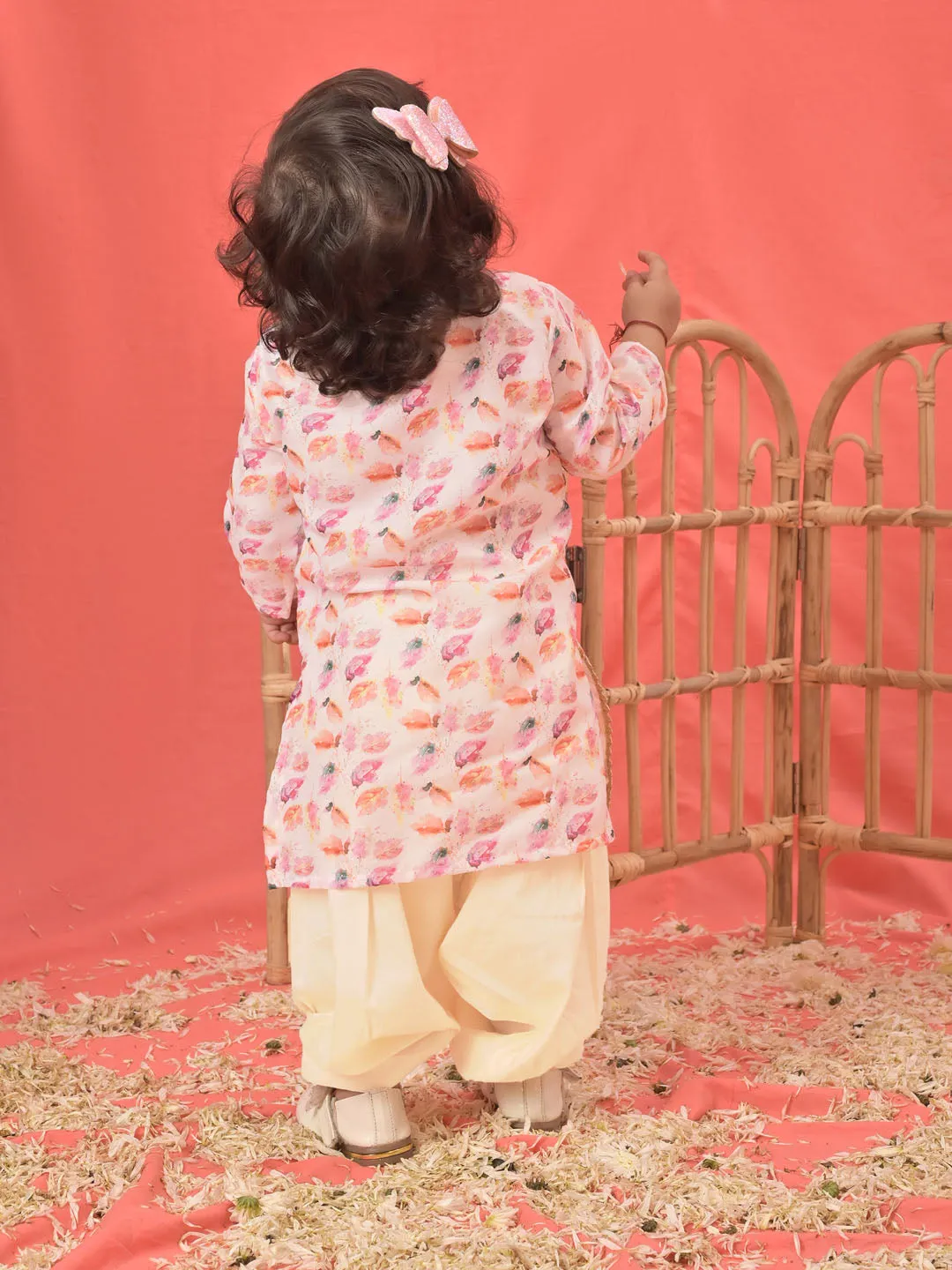 Jashvi SISHU Girls' White Floral Printed Linen Kurta And Cream Patiala Set
