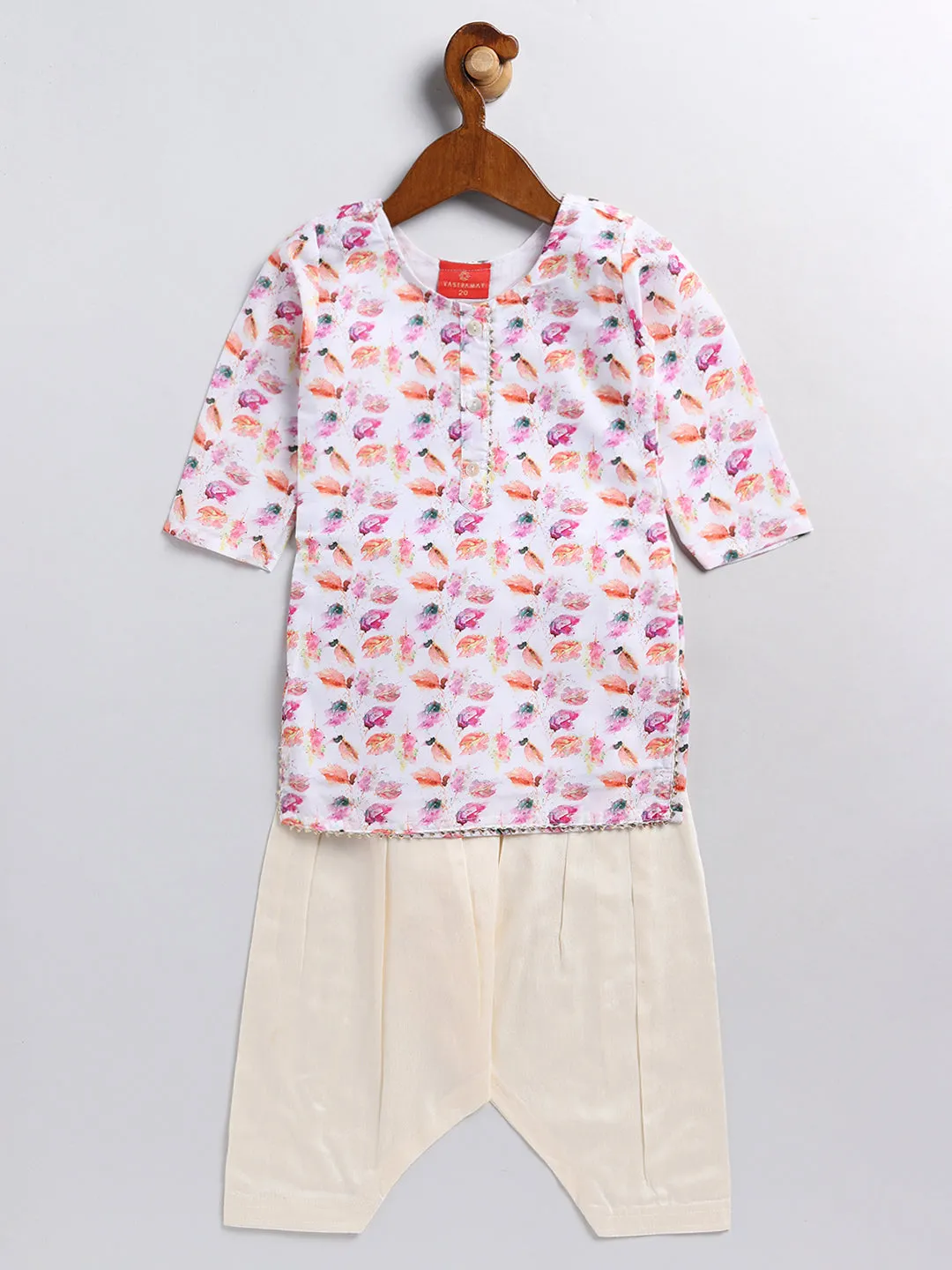 Jashvi SISHU Girls' White Floral Printed Linen Kurta And Cream Patiala Set