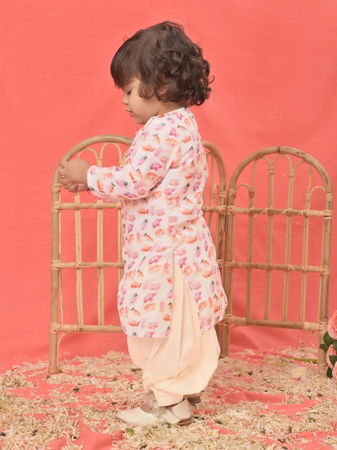 Jashvi SISHU Girls' White Floral Printed Linen Kurta And Cream Patiala Set
