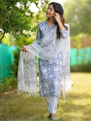 Jashvi Sky blue Hand Block Printed Straight kurta Pant Set with Dupatta
