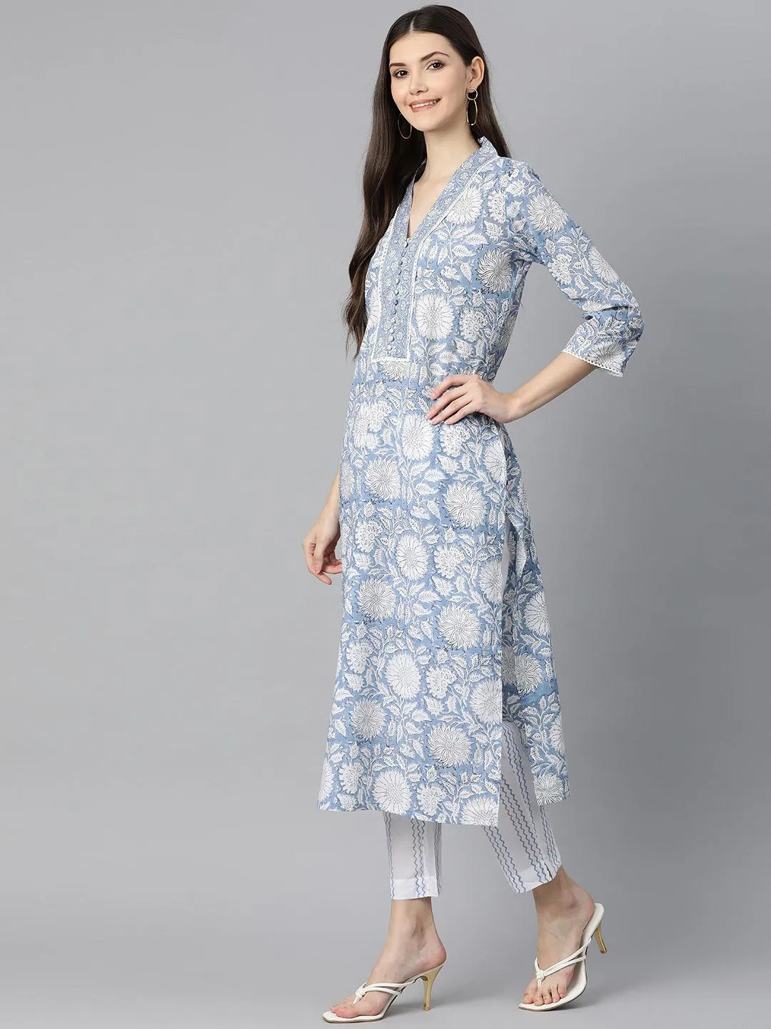 Jashvi Sky blue Hand Block Printed Straight kurta Pant Set with Dupatta