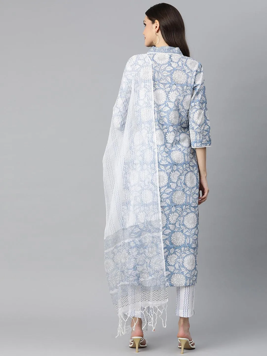 Jashvi Sky blue Hand Block Printed Straight kurta Pant Set with Dupatta