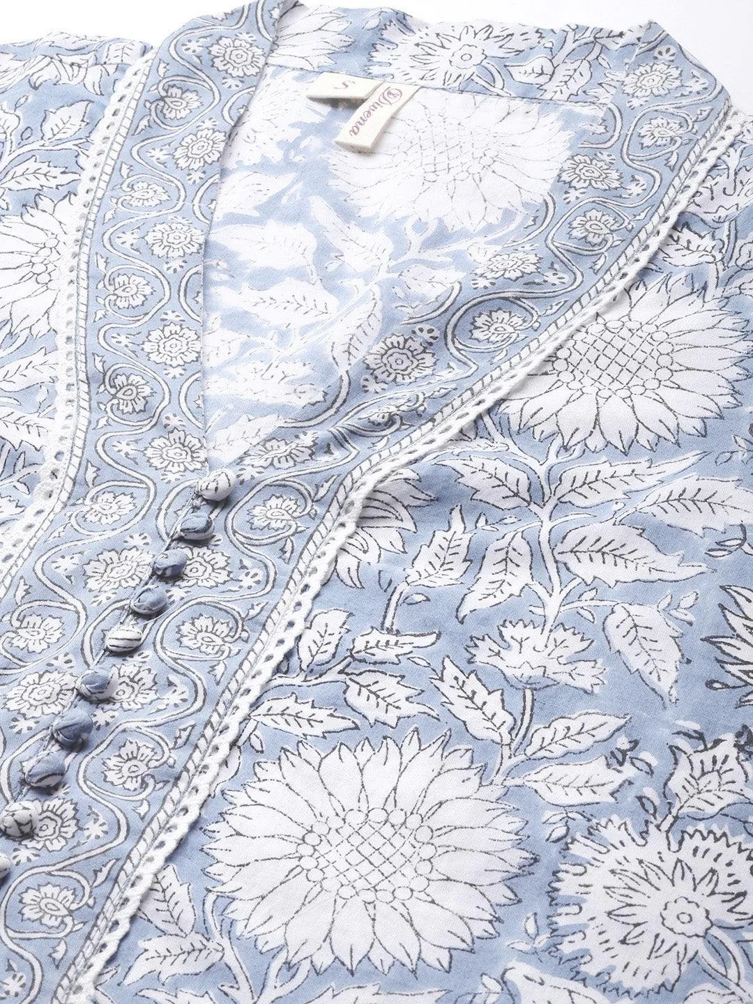 Jashvi Sky blue Hand Block Printed Straight kurta Pant Set with Dupatta