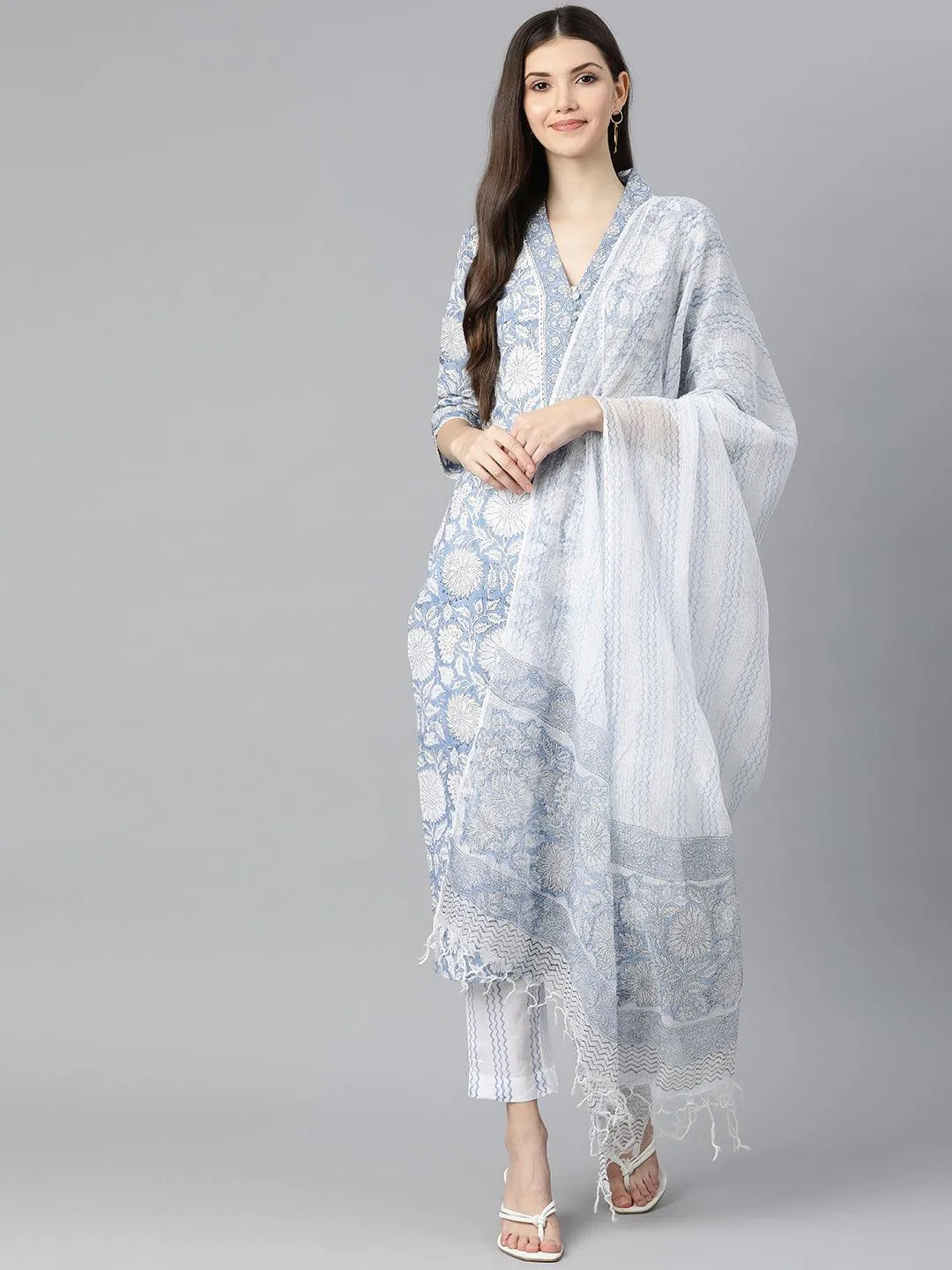 Jashvi Sky blue Hand Block Printed Straight kurta Pant Set with Dupatta