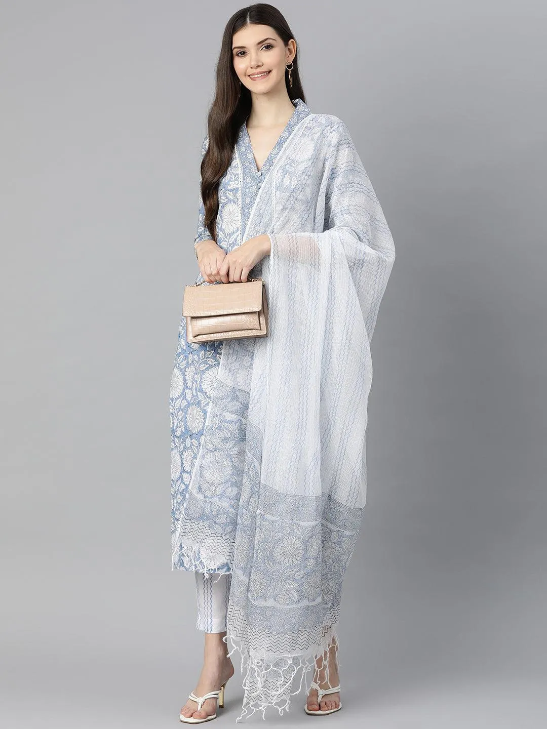 Jashvi Sky blue Hand Block Printed Straight kurta Pant Set with Dupatta