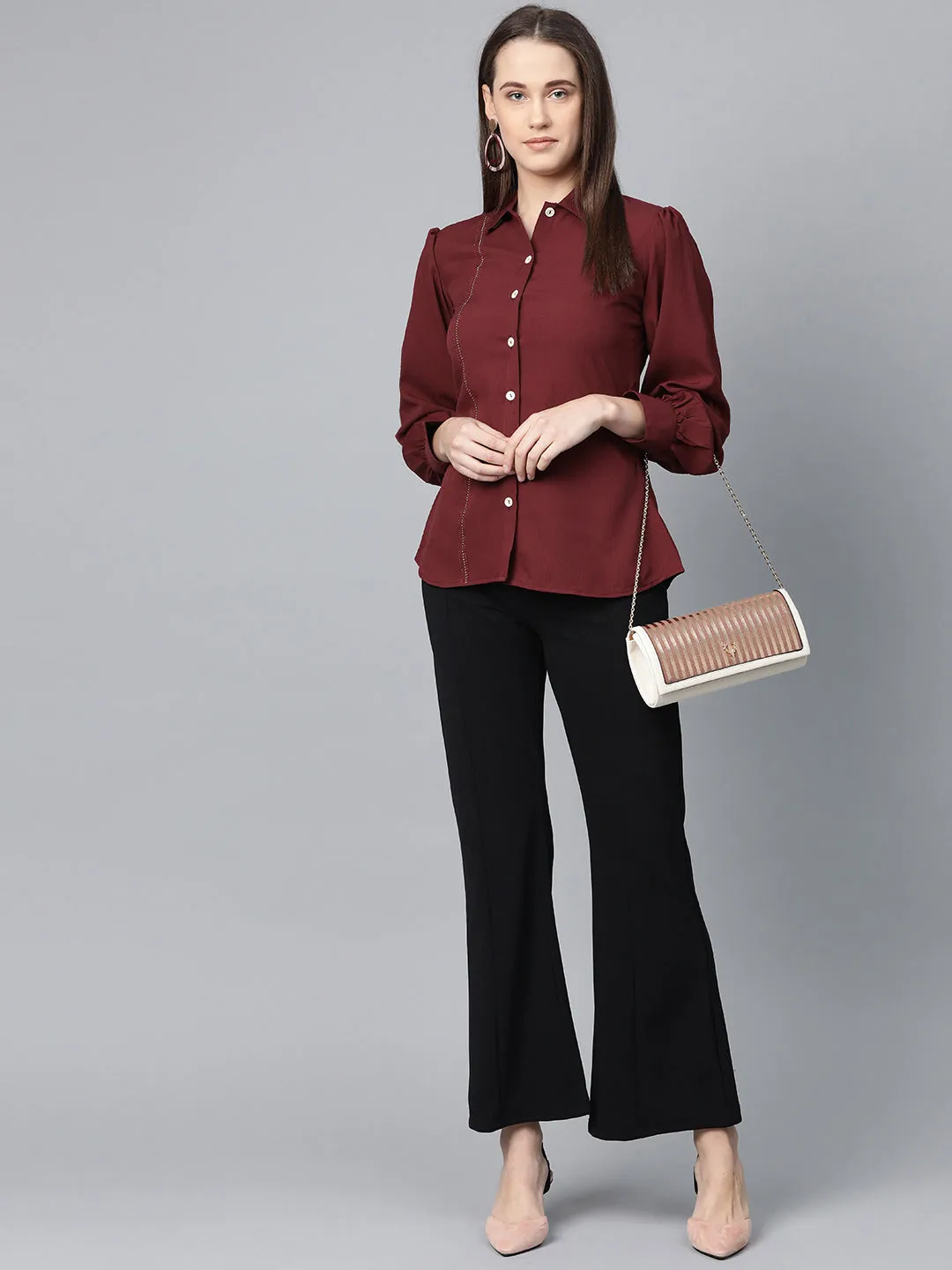 Jashvi Women Maroon Regular Fit Crinkled Effect Casual Shirt