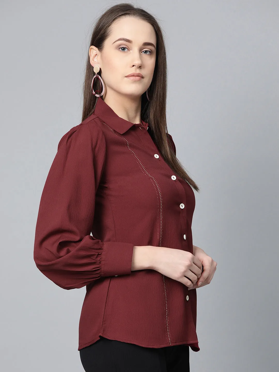 Jashvi Women Maroon Regular Fit Crinkled Effect Casual Shirt