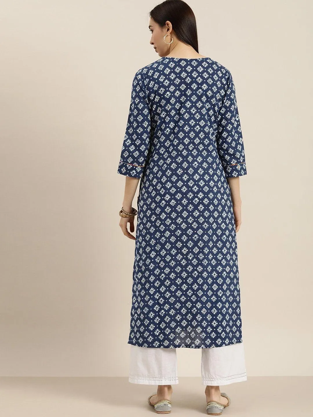 KSUT Blue And White Abstract Printed Kurta With Handwork On Yoke