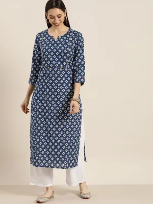 KSUT Blue And White Abstract Printed Kurta With Handwork On Yoke