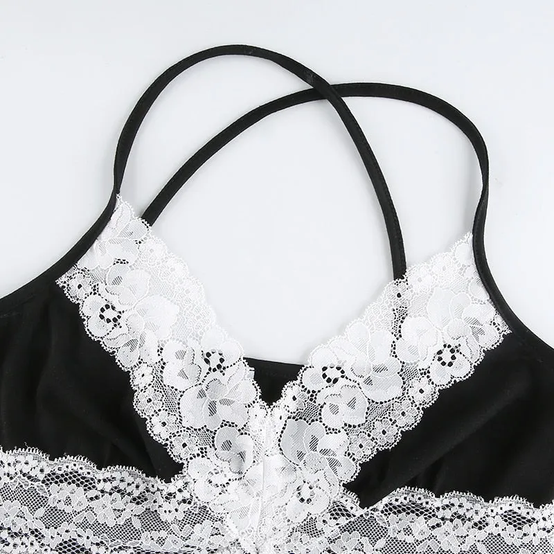 Lace Edge V Neck High Split Sexy Summer Halter Cute Crop Top