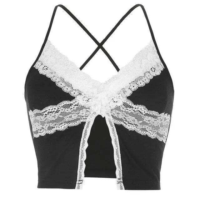 Lace Edge V Neck High Split Sexy Summer Halter Cute Crop Top