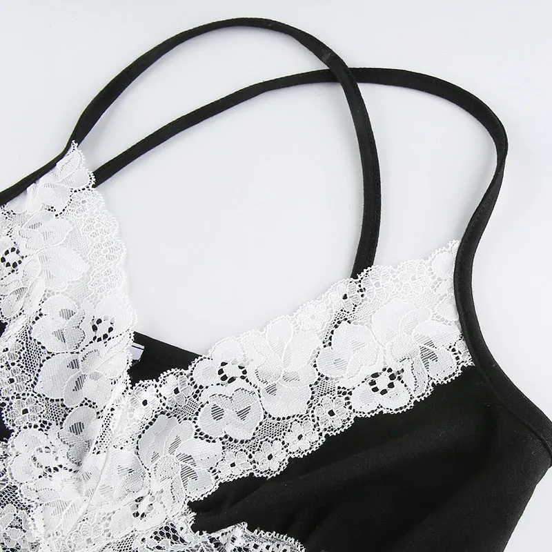 Lace Edge V Neck High Split Sexy Summer Halter Cute Crop Top