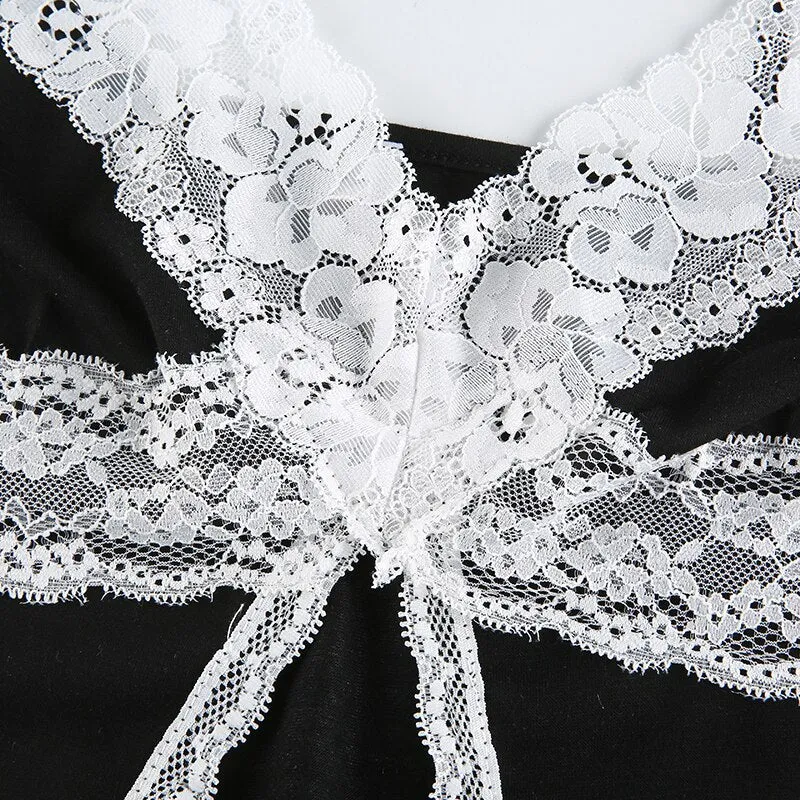 Lace Edge V Neck High Split Sexy Summer Halter Cute Crop Top
