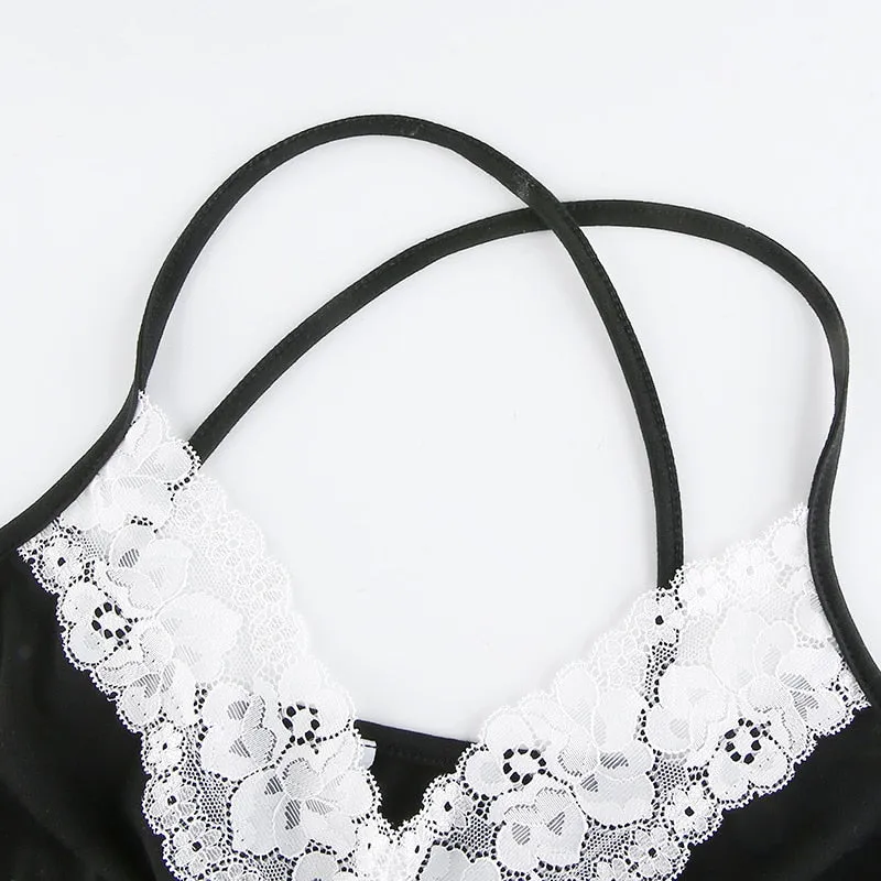 Lace Edge V Neck High Split Sexy Summer Halter Cute Crop Top