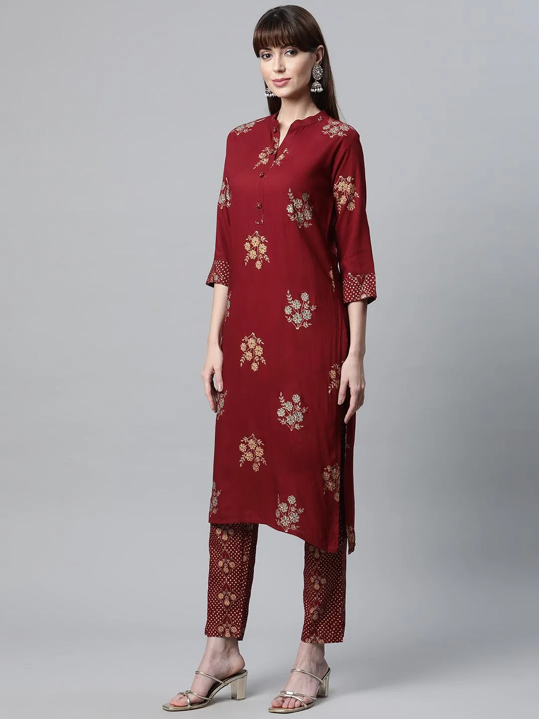 Maroon Rayon Kurta Pant Set With Kota Doria Dupatta