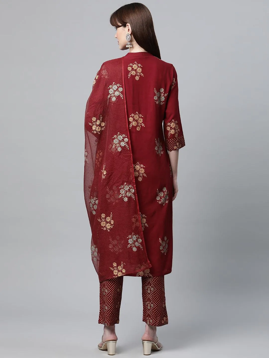 Maroon Rayon Kurta Pant Set With Kota Doria Dupatta