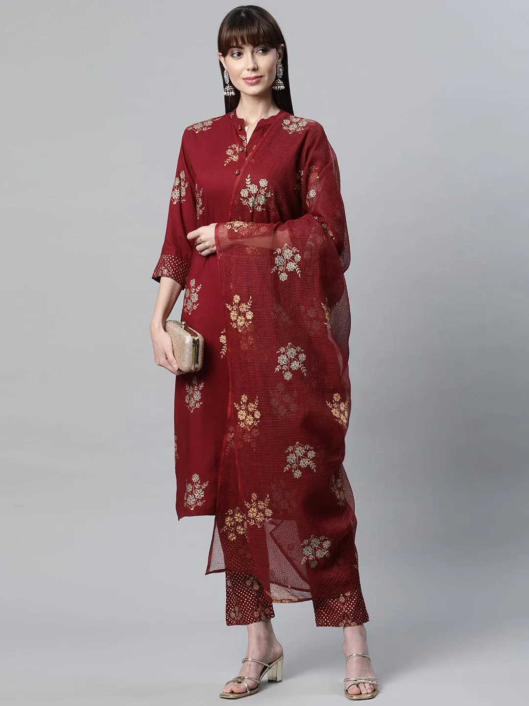Maroon Rayon Kurta Pant Set With Kota Doria Dupatta